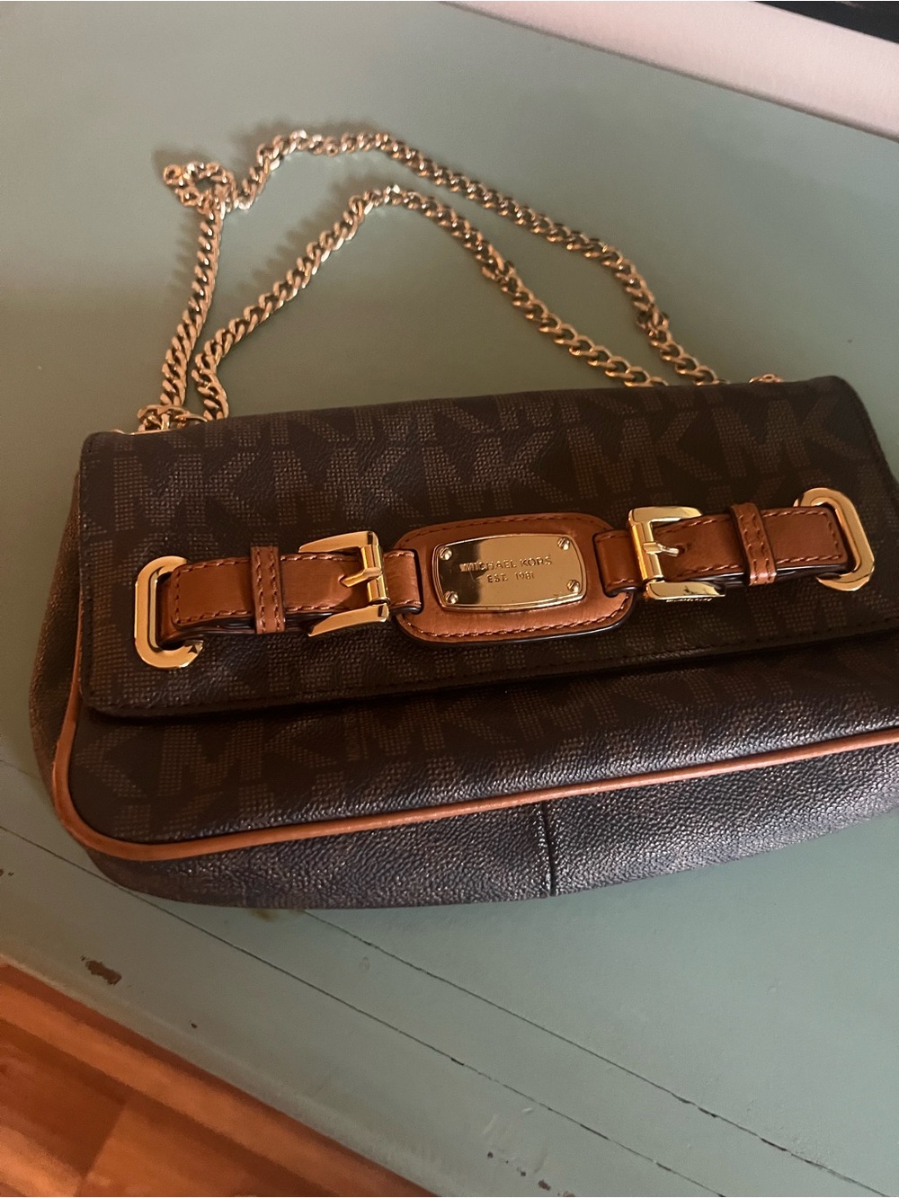 Michael Kors Jet Set Brown MK Logo Chain Shoulder Bag Small Crossbody Clutch